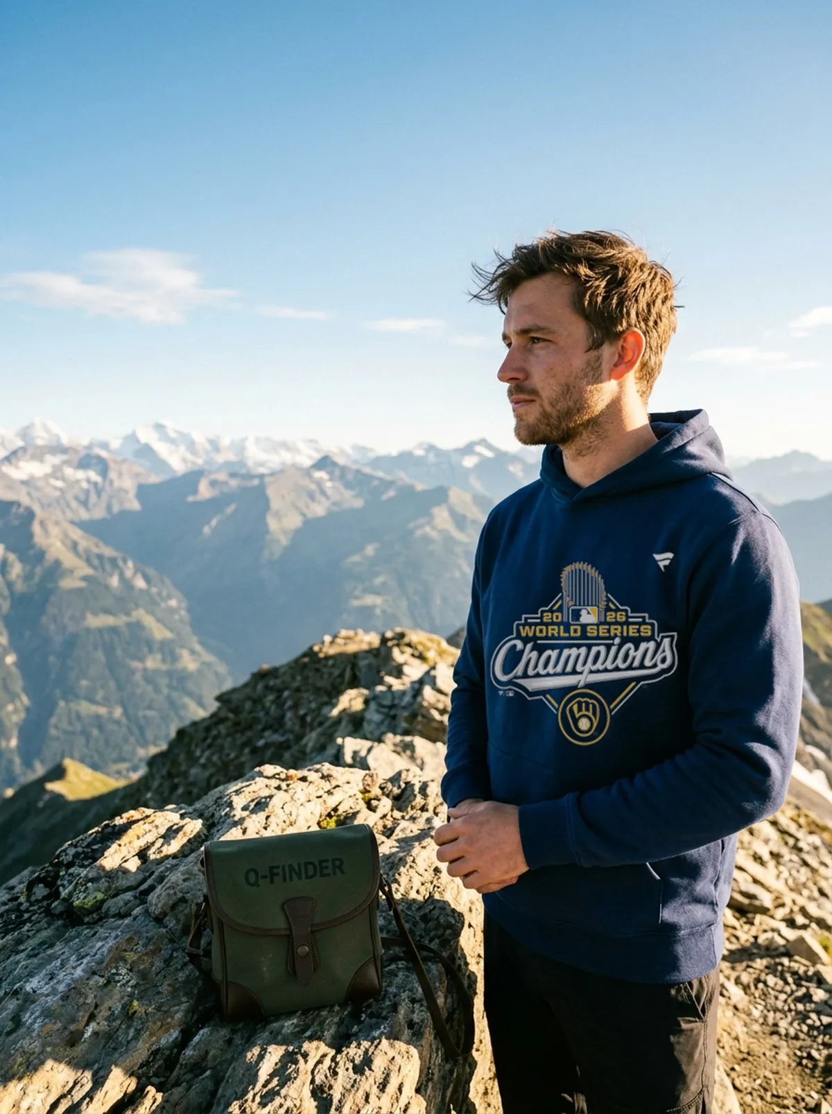 milwaukee brewers fanatics 2026 world series champions logo blue hoodie summit ridge Milwaukee Brewers Fanatics 2026 World Series Champions Logo T-Shirt - Lifestyle Model Mockup