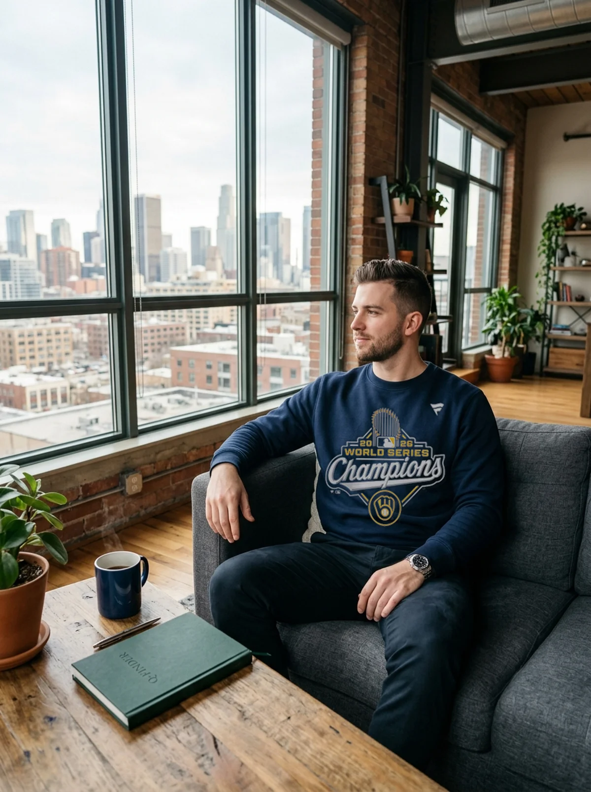 milwaukee brewers fanatics 2026 world series champions logo blue sweatshirt industrial loft Milwaukee Brewers Fanatics 2026 World Series Champions Logo T-Shirt - Close-up Graphic Detail Mockup