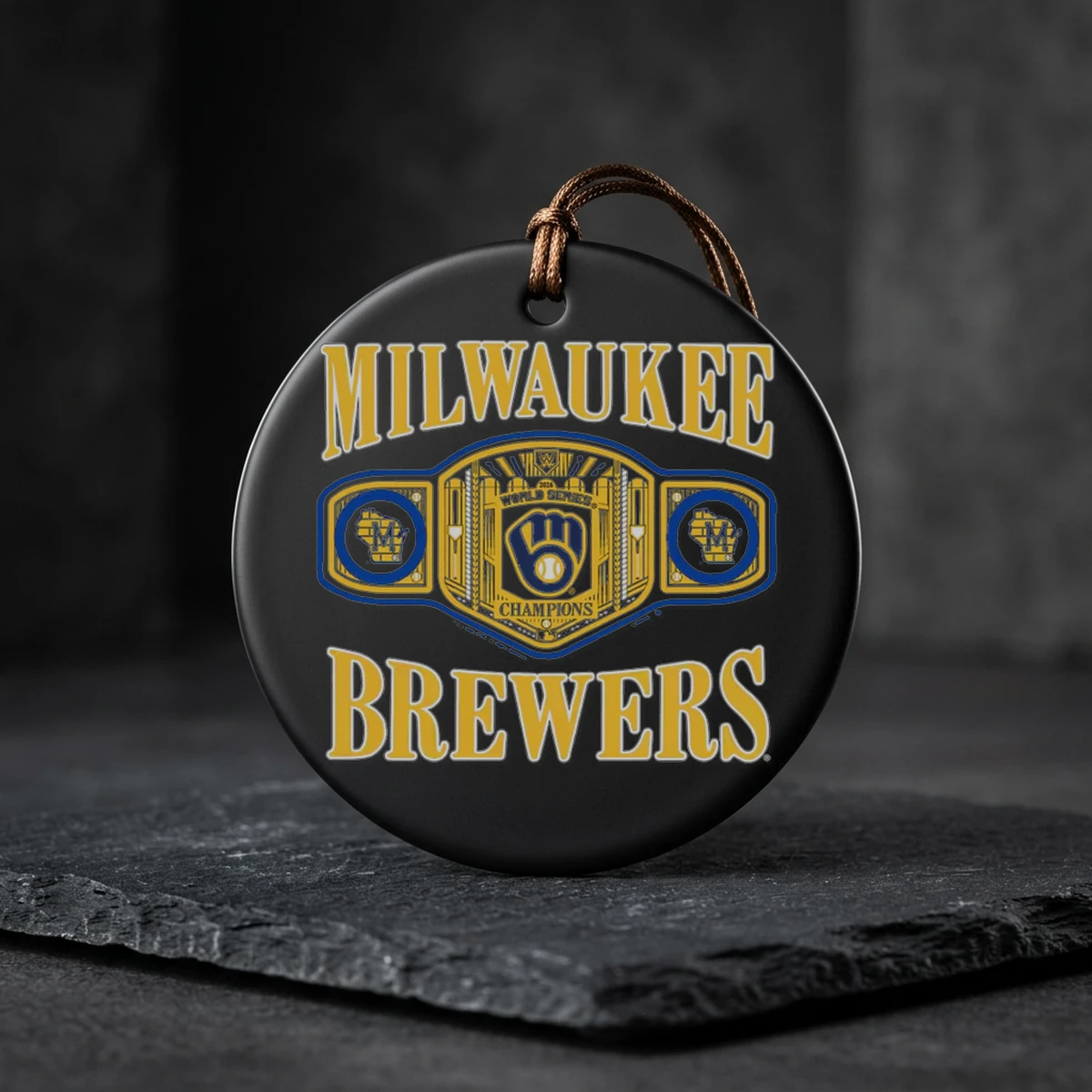 milwaukee brewers homage 2026 world series champions champs belt ceramic ornament Milwaukee Brewers Homage 2026 World Series Champions Champs Belt T-Shirt - Close-up Graphic Detail Mockup