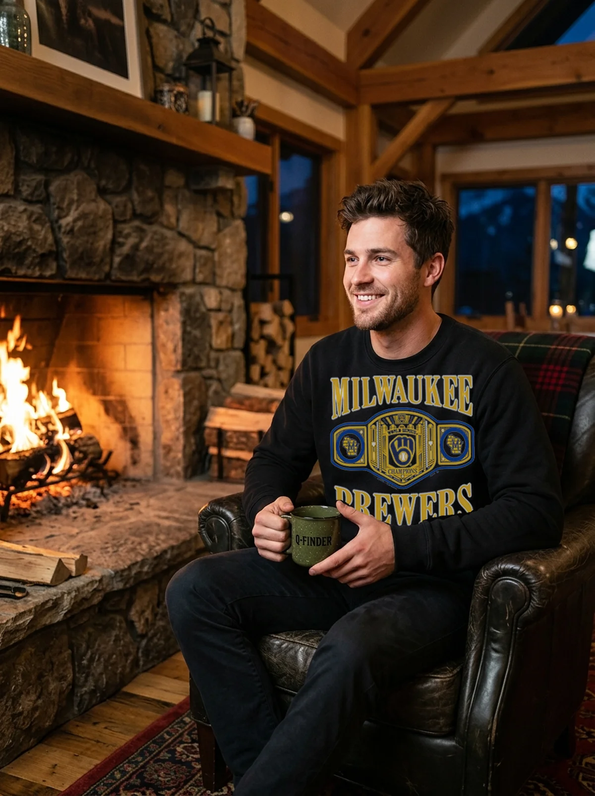 milwaukee brewers homage 2026 world series champions champs black sweatshirt stone fireplace Milwaukee Brewers Homage 2026 World Series Champions Champs Belt T-Shirt - Back or Alternative Angle Mockup