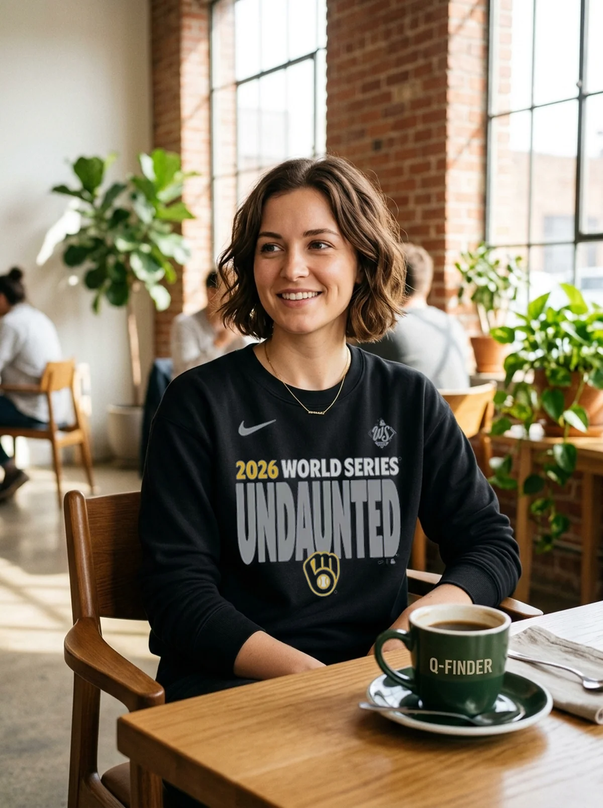 milwaukee brewers nike 2026 world series undaunted black sweatshirt artisan cafe Milwaukee Brewers Nike 2026 World Series Undaunted T-Shirt - Close-up Graphic Detail Mockup
