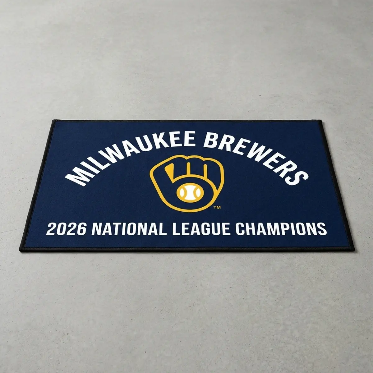 milwaukee brewers retro ball in glove logo navy gold doormat Milwaukee Brewers Retro Ball-In-Glove Logo Navy Gold Doormat - Lifestyle Model Mockup