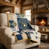 Milwaukee Brewers Retro Ball-In-Glove Vintage Quilt Throw Blanket - Front View Main Mockup