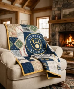 Milwaukee Brewers Retro Ball-In-Glove Vintage Quilt Throw Blanket - Front View Main Mockup