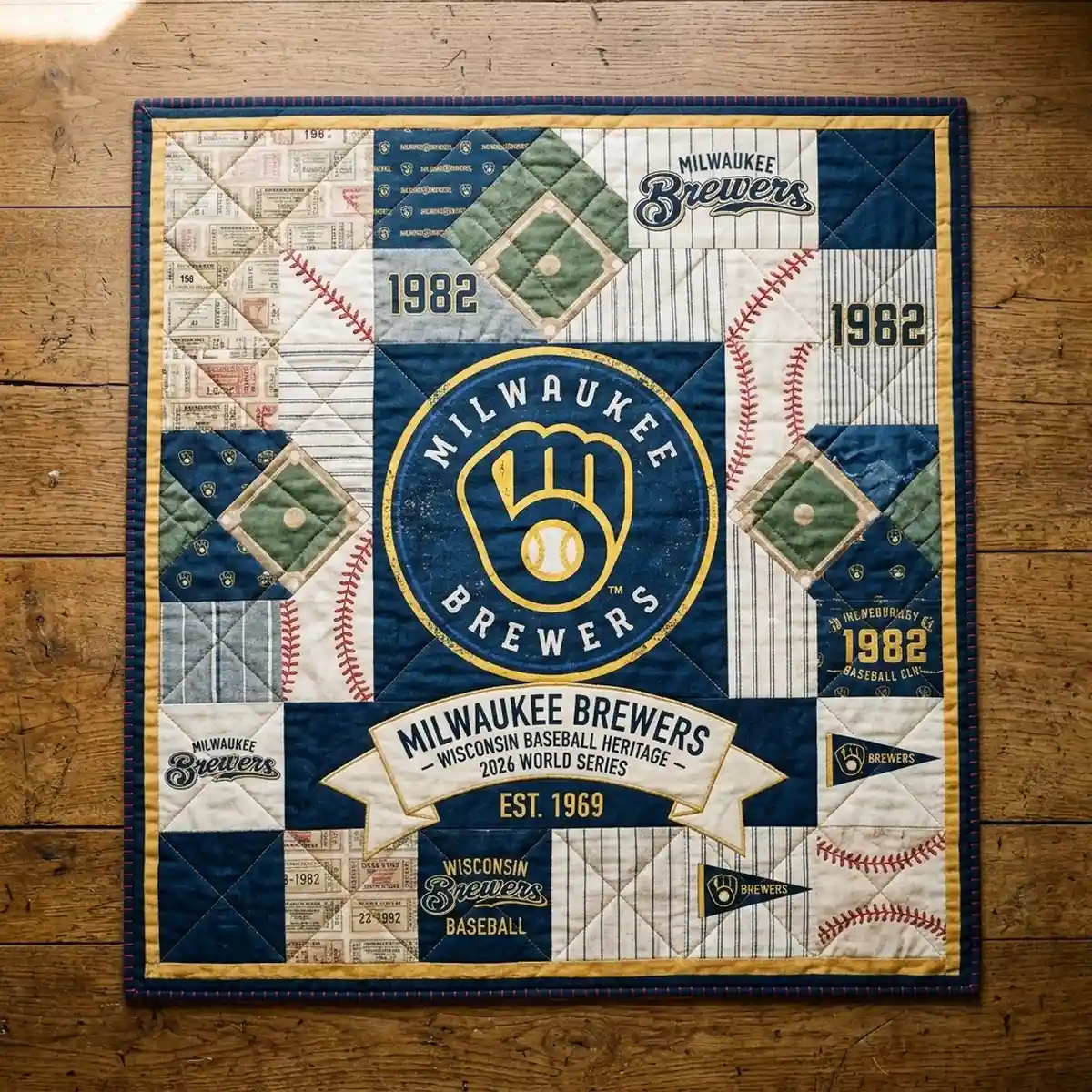 Milwaukee Brewers Retro Ball-In-Glove Vintage Quilt Throw Blanket - Design Preview