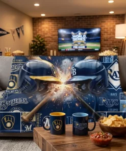 Milwaukee Brewers Vs Tampa Bay Rays 2026 World Series Fall Classic Dueling Helmets Blanket - Front View Main Mockup