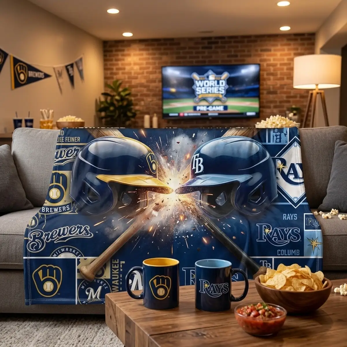 milwaukee brewers vs tampa bay rays 2026 world series fall classic dueling helmets blanket mockup 2 Milwaukee Brewers Vs Tampa Bay Rays 2026 World Series Fall Classic Dueling Helmets Blanket - Front View Main Mockup