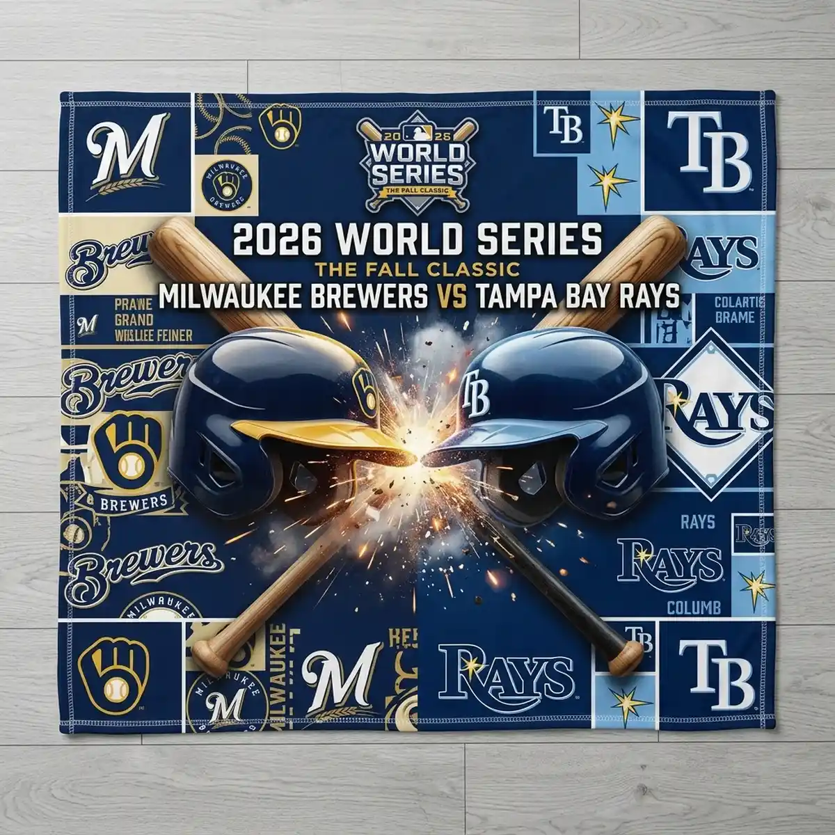 milwaukee brewers vs tampa bay rays 2026 world series fall classic dueling helmets blanket Milwaukee Brewers Vs Tampa Bay Rays 2026 World Series Fall Classic Dueling Helmets Blanket - Lifestyle Model Mockup