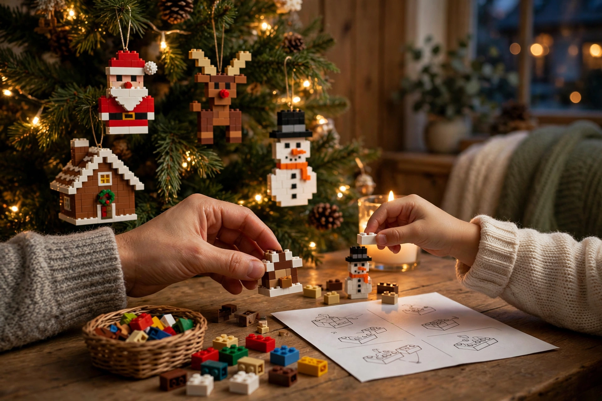 Family Christmas tree with small colorful brick ornaments and parent and child building a mini brick ornament at a table