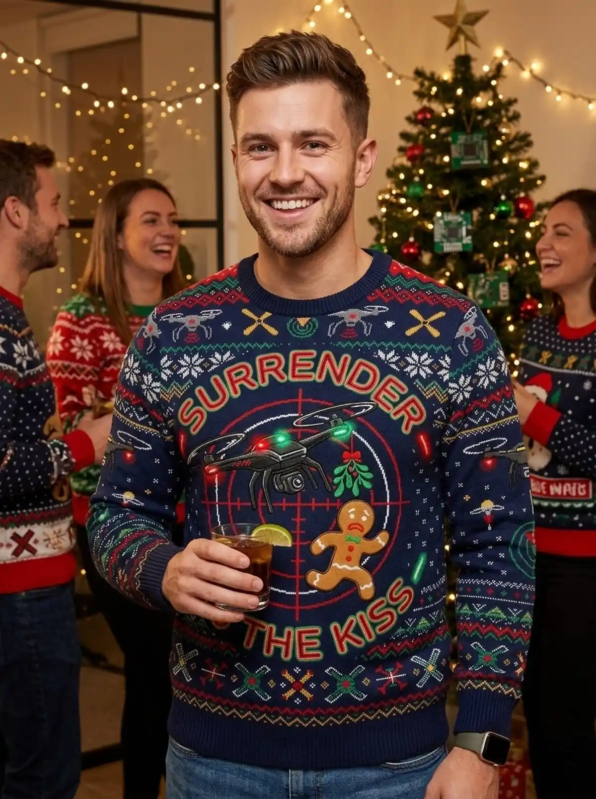 Mistletoe Drone Aerial Pursuit Ugly Christmas Sweater - Design Preview