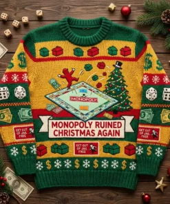 Monopoly Ruined Christmas Again Flipped Board Holiday Dispute Ugly Christmas Sweater - Front View Main Mockup