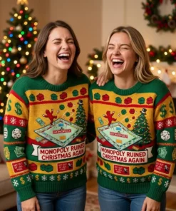 Monopoly Ruined Christmas Again Flipped Board Holiday Dispute Ugly Christmas Sweater - Lifestyle Model Mockup