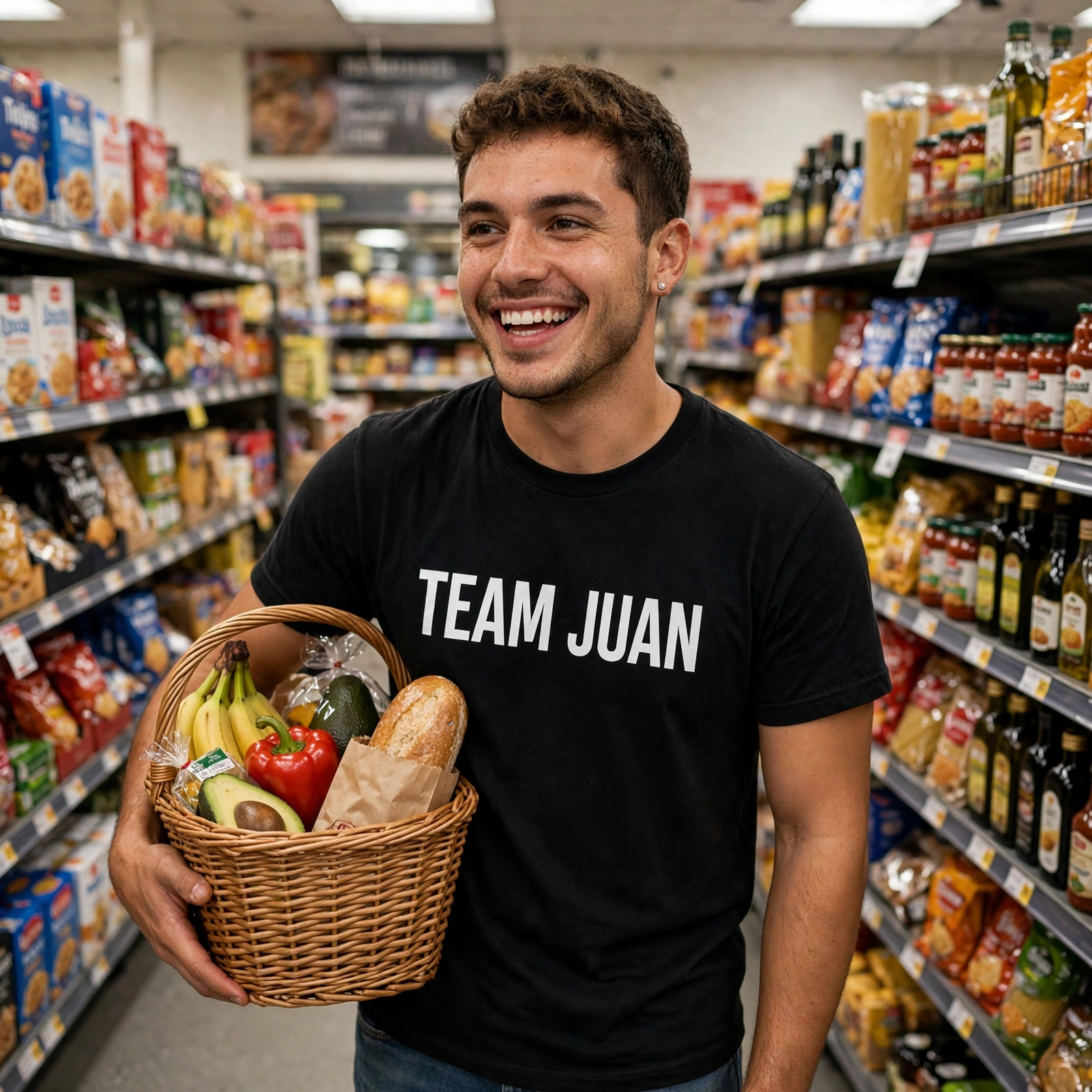 Fan wearing a black TEAM JUAN supporter t-shirt in a grocery store aisle
