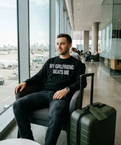 my girlfriend beats me black sweatshirt airport lounge