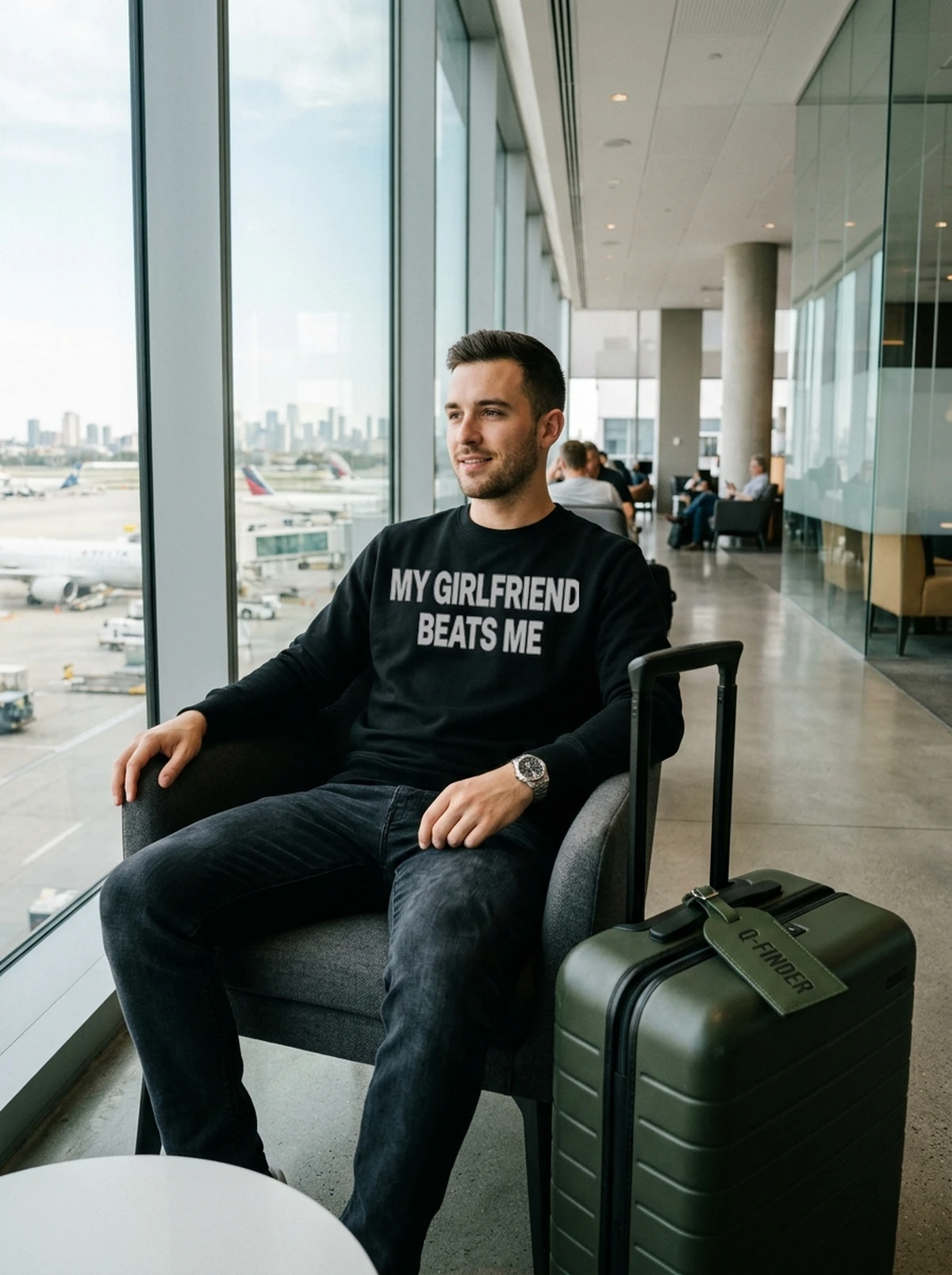 my girlfriend beats me black sweatshirt airport lounge my girlfriend beats me black sweatshirt airport lounge