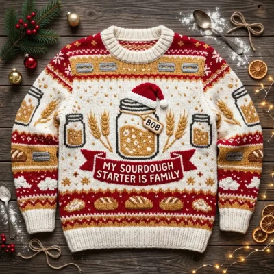My Sourdough Starter Named Bob Is Family Ugly Christmas Sweater - Front View Main Mockup