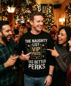 naughty list vip backstage access adult humor gag christmas sweater