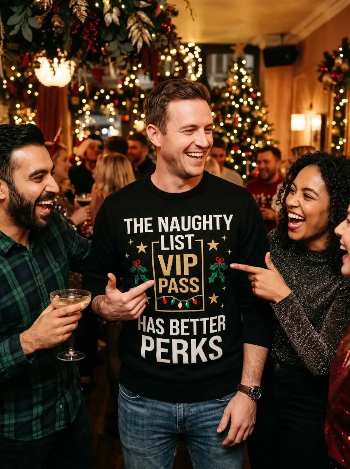 Naughty List VIP Backstage Access Adult Humor Gag Christmas Sweater - Design Preview
