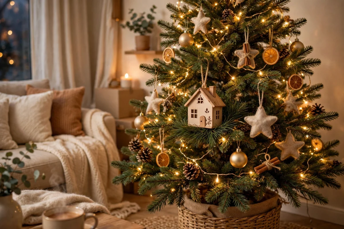 Cozy new-home Christmas tree with a personalized house-shaped keepsake ornament hanging among warm lights and evergreen branches