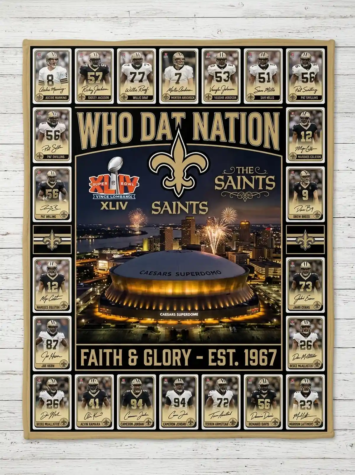 new orleans saints who dat nation caesars superdome legends facsimile signatures fleece throw blanket New Orleans Saints Who Dat Nation Caesars Superdome Legends Facsimile Signatures Fleece Throw Blanket - Close-up Graphic Detail Mockup
