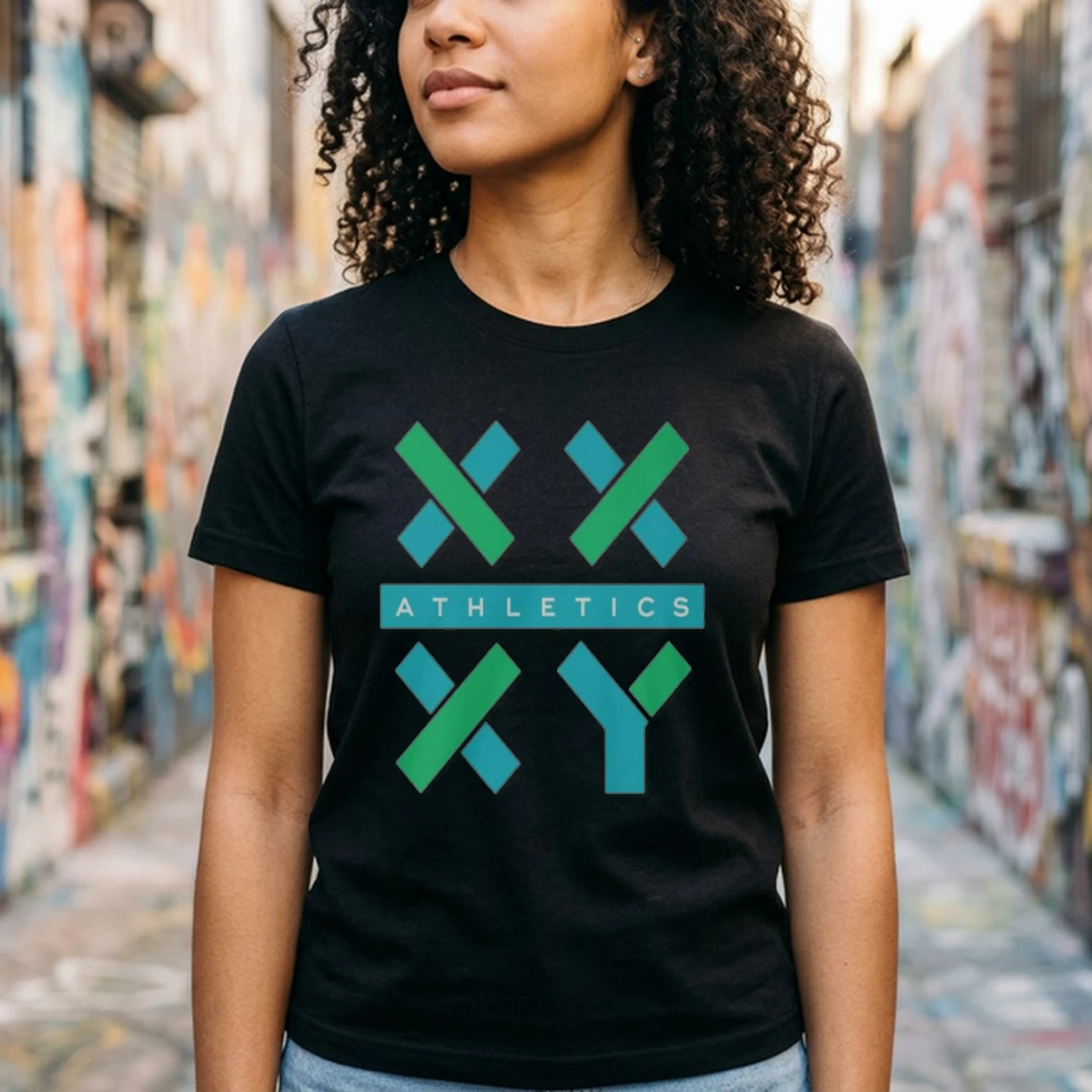 official xx xy athletics tshirt black female3 Official XX-XY Athletics Shirt - Front View Main Mockup