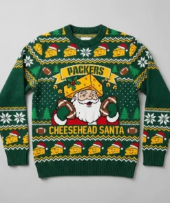 Packers Cheesehead Santa Festive Ugly Christmas Sweater - Front View Main Mockup