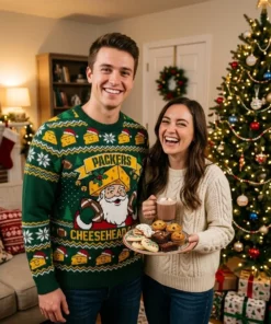 Packers Cheesehead Santa Festive Ugly Christmas Sweater - Lifestyle Model Mockup