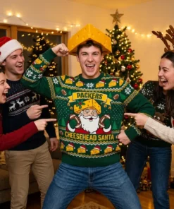 Packers Cheesehead Santa Festive Ugly Christmas Sweater - Close-up Graphic Detail Mockup