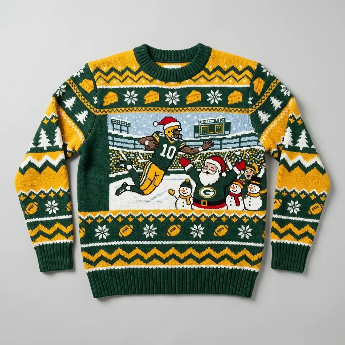 packers lambeau leap frozen tundra holiday ugly christmas sweater 1 Packers Lambeau Leap Frozen Tundra Holiday Ugly Christmas Sweater - Front View Main Mockup