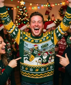 Packers Lambeau Leap Frozen Tundra Holiday Ugly Christmas Sweater - Close-up Graphic Detail Mockup