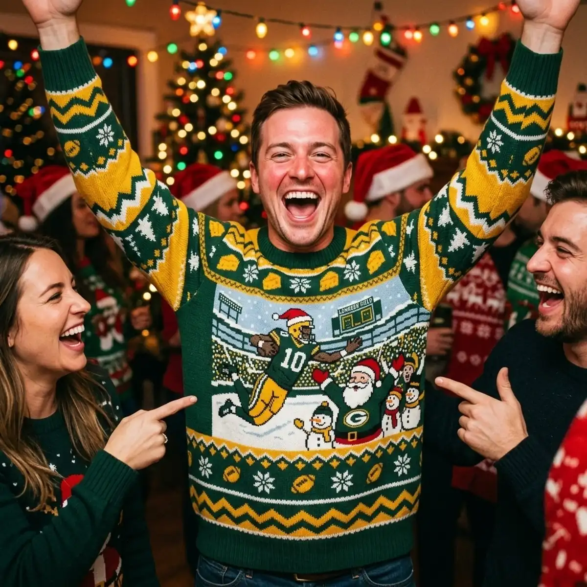 packers lambeau leap frozen tundra holiday ugly christmas sweater 3 Packers Lambeau Leap Frozen Tundra Holiday Ugly Christmas Sweater - Close-up Graphic Detail Mockup