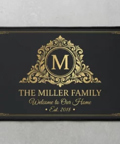 personalized monogram initial family name elegant black and gold doormat