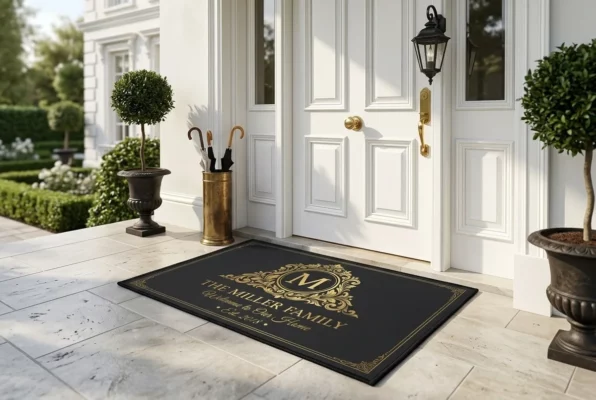 personalized monogram initial family name elegant black and gold doormat mockup 2