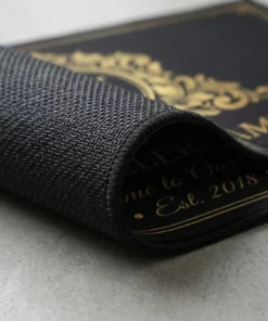 personalized monogram initial family name elegant black and gold doormat mockup 3