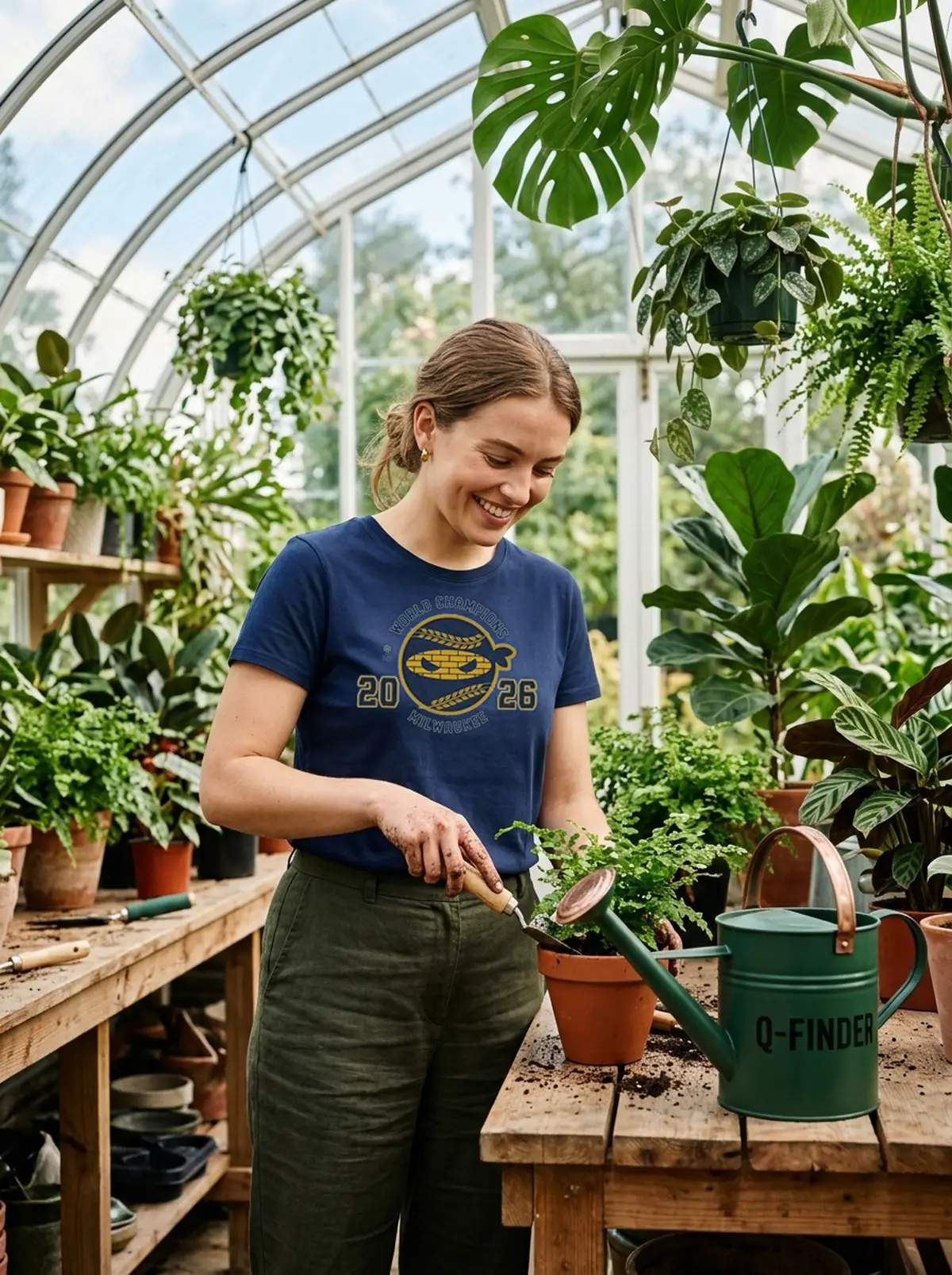 pitching ninja t shirt milwaukee 2026 champs edition blue tshirt greenhouse plants Pitching Ninja T-Shirt (Milwaukee 2026 Champs Edition) - Lifestyle Model Mockup
