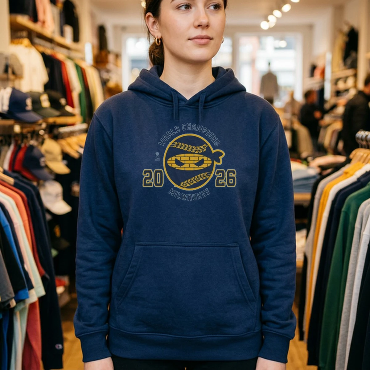 pitching ninja t shirt milwaukee 2026 champs edition mock hoodie navy Pitching Ninja T-Shirt (Milwaukee 2026 Champs Edition) - Close-up Graphic Detail Mockup
