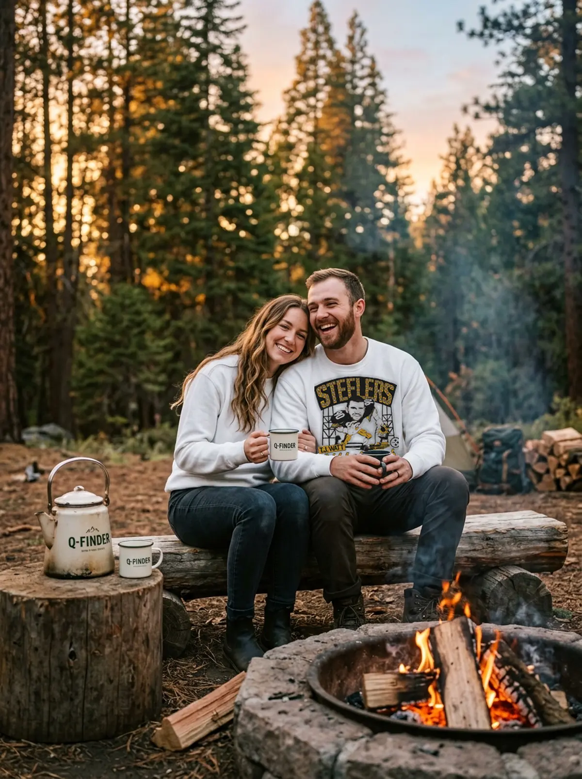 pittsburgh steelers tj watt plug white sweatshirt campfire couple Pittsburgh Steelers TJ Watt Plug T-Shirt - Close-up Graphic Detail Mockup