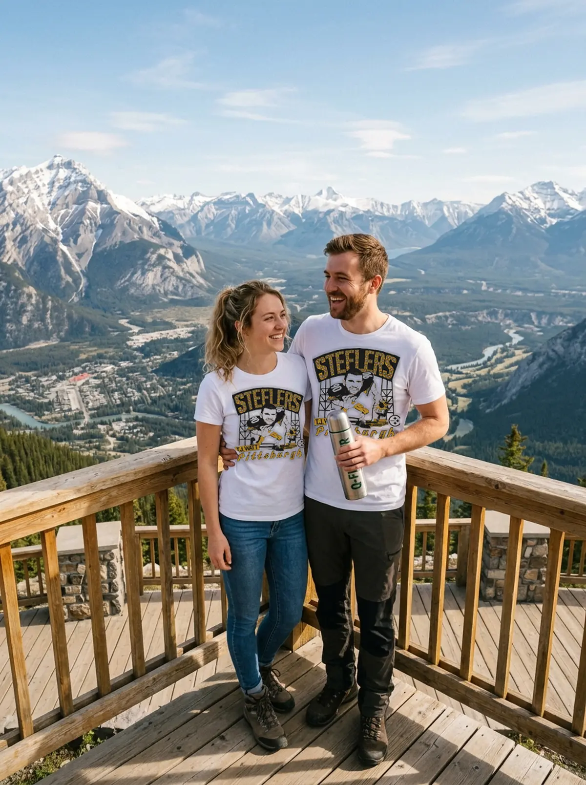 pittsburgh steelers tj watt plug white tshirt mountain couple Pittsburgh Steelers TJ Watt Plug T-Shirt - Front View Main Mockup
