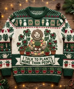 Plant Parent Talking To Fifty Monsteras Holiday Ugly Christmas Sweater - Front View Main Mockup
