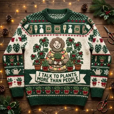 Plant Parent Talking To Fifty Monsteras Holiday Ugly Christmas Sweater - Front View Main Mockup