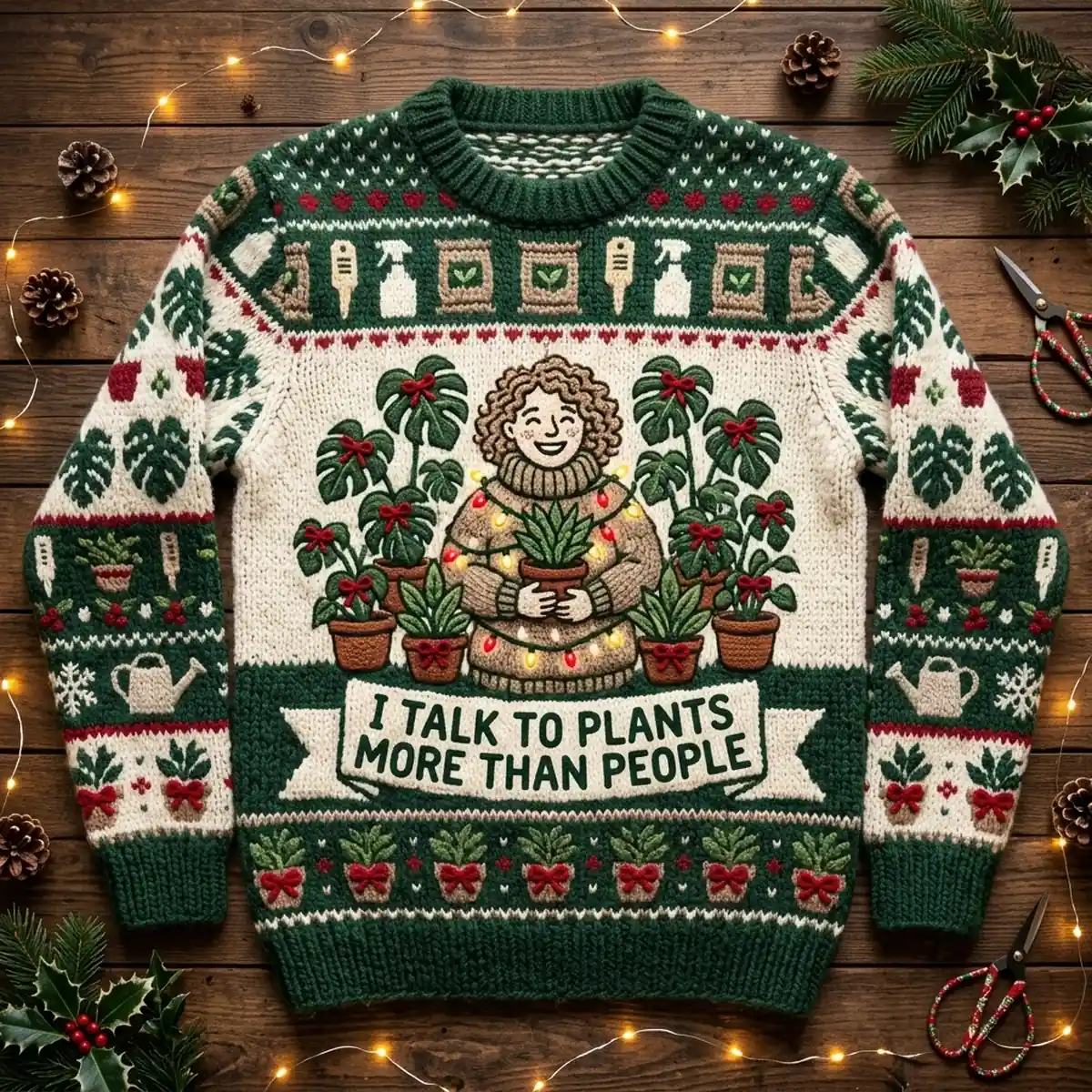 plant parent talking to fifty monsteras ugly christmas sweater 1 Plant Parent Talking To Fifty Monsteras Holiday Ugly Christmas Sweater - Front View Main Mockup