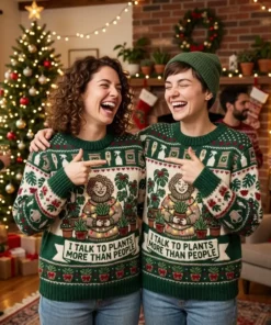 Plant Parent Talking To Fifty Monsteras Holiday Ugly Christmas Sweater - Lifestyle Model Mockup