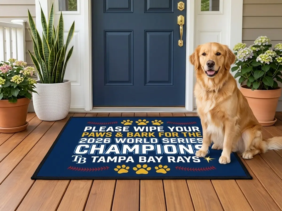 please wipe your paws and bark for the 2026 world champions rays doormat mockup 2 Please Wipe Your Paws And Bark For The 2026 World Champions Rays Doormat - Front View Main Mockup