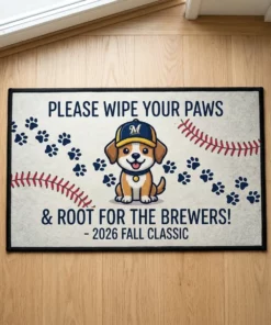 Please Wipe Your Paws And Root For The Brewers Milwaukee 2026 Doormat - Lifestyle Model Mockup