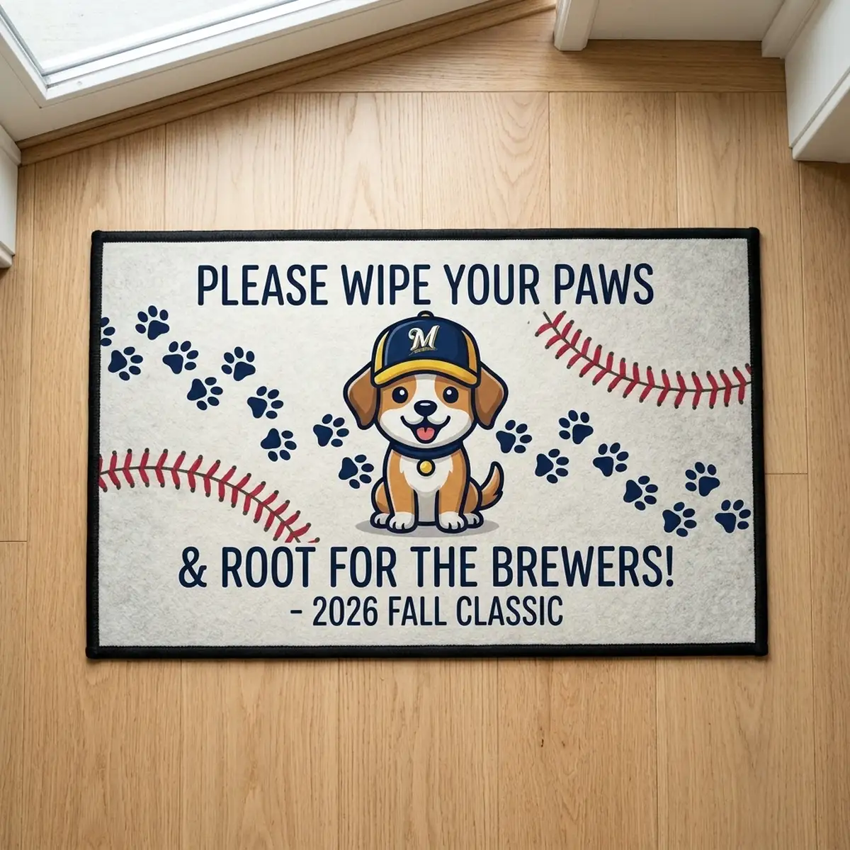 please wipe your paws and root for the brewers milwaukee 2026 doormat Please Wipe Your Paws And Root For The Brewers Milwaukee 2026 Doormat - Lifestyle Model Mockup