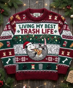 Possum Hanging From Garland Living My Best Trash Life Ugly Christmas Sweater - Front View Main Mockup