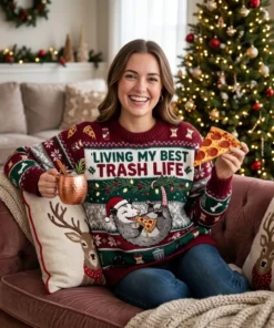 Possum Hanging From Garland Living My Best Trash Life Ugly Christmas Sweater - Lifestyle Model Mockup