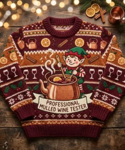 Professional Mulled Wine Quality Control Tester Elf Ugly Christmas Sweater - Front View Main Mockup