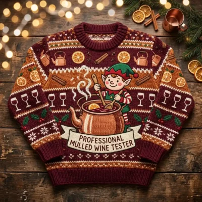 Professional Mulled Wine Quality Control Tester Elf Ugly Christmas Sweater - Front View Main Mockup