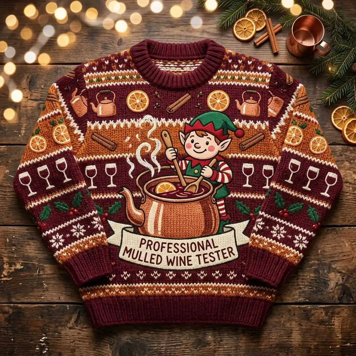 professional mulled wine quality control tester elf ugly christmas sweater 1 Professional Mulled Wine Quality Control Tester Elf Ugly Christmas Sweater - Front View Main Mockup